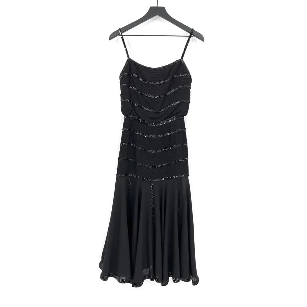 VINTAGE CHANEL 1980’s Sequin Midi Flare Dress Black Silk 38 *Authenticated